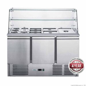 FED-XS903GC Three Door Salad Prep Fridge with Square Glass Top